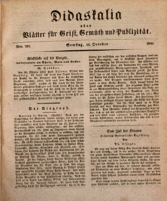 Didaskalia oder Blätter für Geist, Gemüth und Publizität (Didaskalia) Samstag 16. Oktober 1830