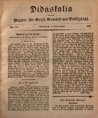 Didaskalia oder Blätter für Geist, Gemüth und Publizität (Didaskalia) Mittwoch 3. November 1830