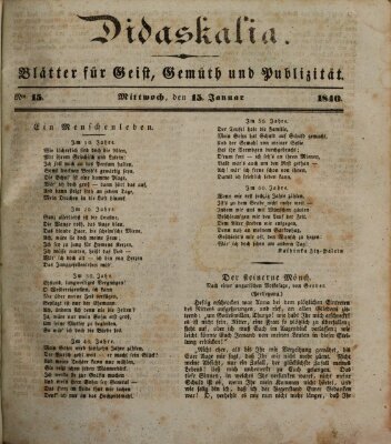 Didaskalia Mittwoch 15. Januar 1840