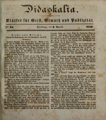 Didaskalia Freitag 3. April 1840