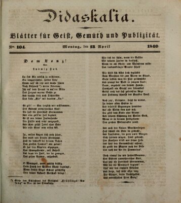 Didaskalia Montag 13. April 1840