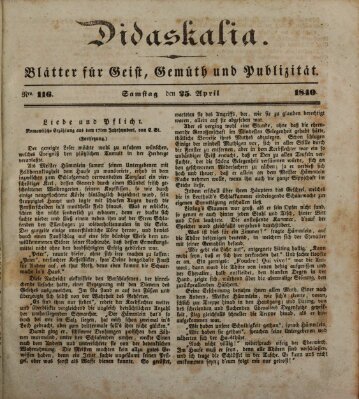 Didaskalia Samstag 25. April 1840