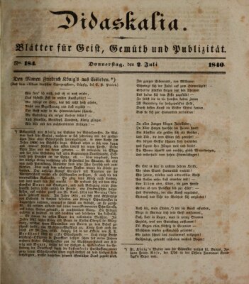 Didaskalia Donnerstag 2. Juli 1840