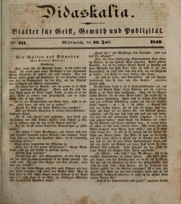 Didaskalia Mittwoch 29. Juli 1840