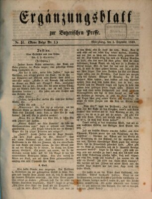 Die Bayerische Presse. Ergänzungsblatt zur Bayerischen Presse (Die Bayerische Presse) Samstag 1. Dezember 1849