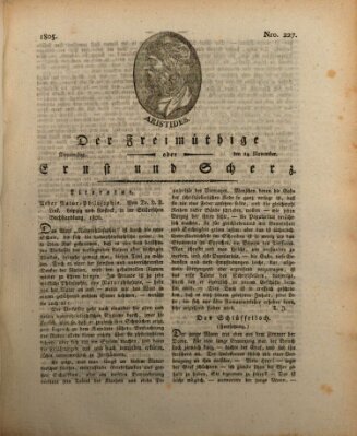 Der Freimüthige oder Ernst und Scherz (Der Freimüthige oder Unterhaltungsblatt für gebildete, unbefangene Leser) Donnerstag 14. November 1805