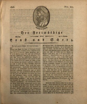 Der Freimüthige oder Ernst und Scherz (Der Freimüthige oder Unterhaltungsblatt für gebildete, unbefangene Leser) Montag 6. Oktober 1806