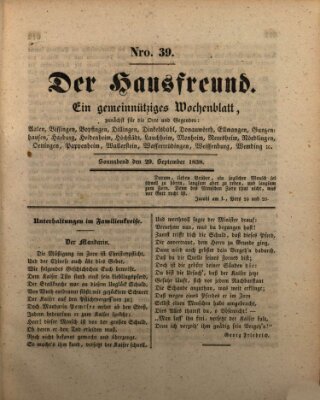 Der Hausfreund Samstag 29. September 1838