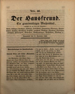 Der Hausfreund Samstag 17. November 1838