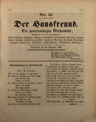 Der Hausfreund Samstag 29. Dezember 1838