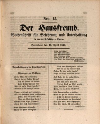 Der Hausfreund Samstag 13. April 1839