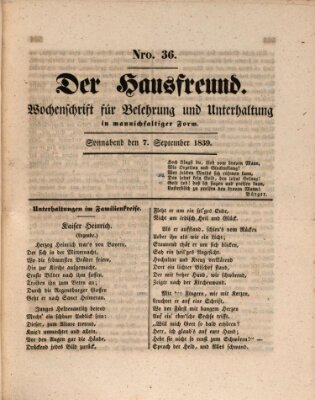 Der Hausfreund Samstag 7. September 1839