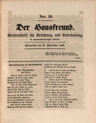 Der Hausfreund Samstag 28. September 1839