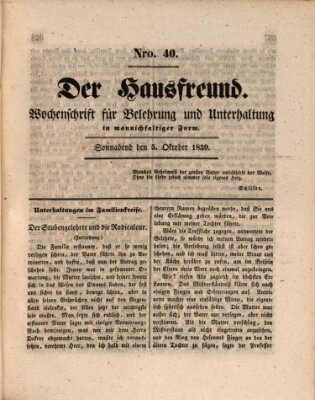 Der Hausfreund Samstag 5. Oktober 1839