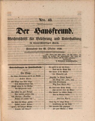 Der Hausfreund Samstag 26. Oktober 1839