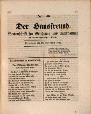 Der Hausfreund Samstag 16. November 1839