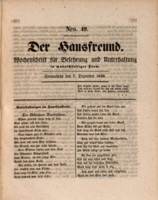 Der Hausfreund Samstag 7. Dezember 1839