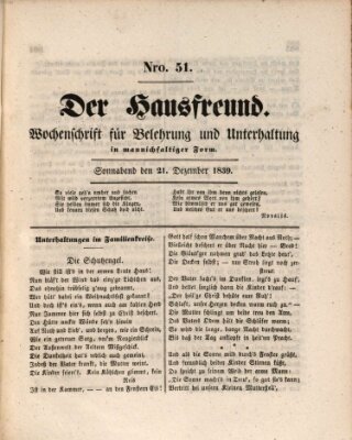 Der Hausfreund Samstag 21. Dezember 1839