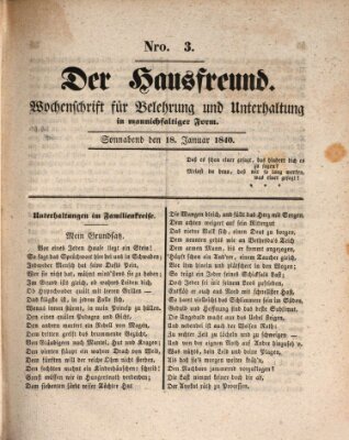 Der Hausfreund Samstag 18. Januar 1840