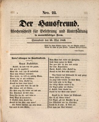 Der Hausfreund Samstag 30. Mai 1840