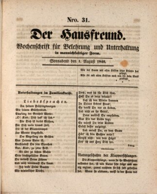 Der Hausfreund Samstag 1. August 1840