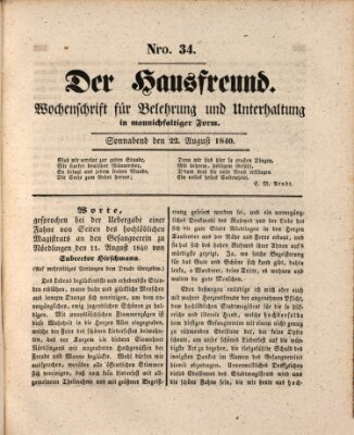 Der Hausfreund Samstag 22. August 1840