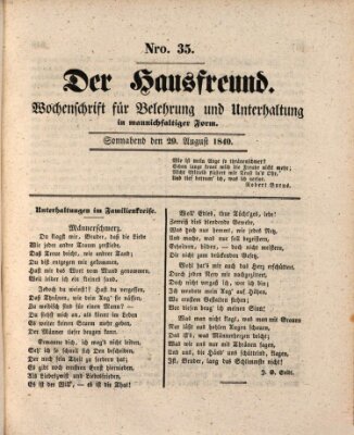 Der Hausfreund Samstag 29. August 1840