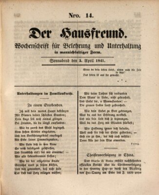 Der Hausfreund Samstag 3. April 1841