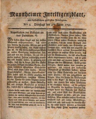Mannheimer Intelligenzblatt Dienstag 4. Januar 1791