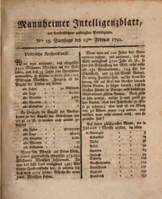 Mannheimer Intelligenzblatt Samstag 19. Februar 1791