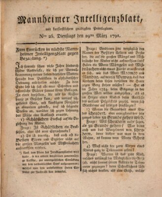 Mannheimer Intelligenzblatt Dienstag 29. März 1791