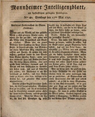 Mannheimer Intelligenzblatt Dienstag 17. Mai 1791