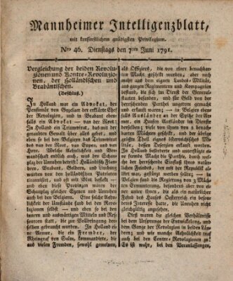 Mannheimer Intelligenzblatt Dienstag 7. Juni 1791