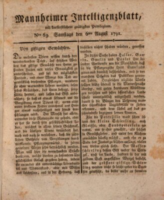 Mannheimer Intelligenzblatt Samstag 6. August 1791