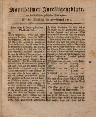 Mannheimer Intelligenzblatt Dienstag 30. August 1791