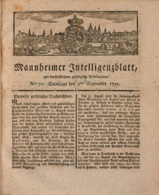 Mannheimer Intelligenzblatt Samstag 3. September 1791