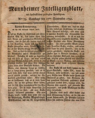 Mannheimer Intelligenzblatt Samstag 17. September 1791