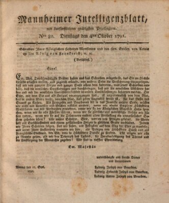 Mannheimer Intelligenzblatt Dienstag 4. Oktober 1791