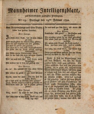 Mannheimer Intelligenzblatt Dienstag 14. Februar 1792