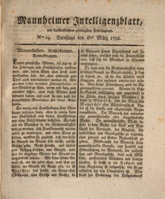 Mannheimer Intelligenzblatt Dienstag 6. März 1792