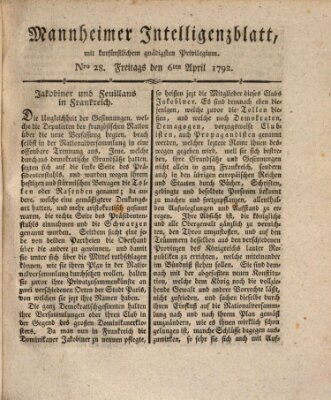 Mannheimer Intelligenzblatt Freitag 6. April 1792