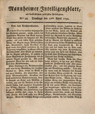 Mannheimer Intelligenzblatt Dienstag 10. April 1792