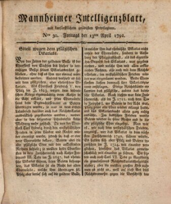 Mannheimer Intelligenzblatt Freitag 13. April 1792