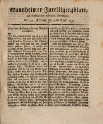 Mannheimer Intelligenzblatt Freitag 20. April 1792