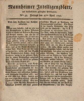 Mannheimer Intelligenzblatt Freitag 27. April 1792