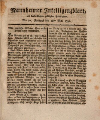 Mannheimer Intelligenzblatt Freitag 18. Mai 1792