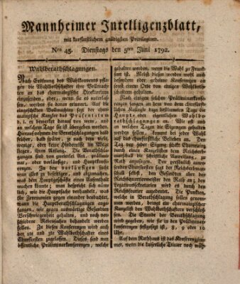 Mannheimer Intelligenzblatt Dienstag 5. Juni 1792