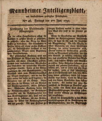 Mannheimer Intelligenzblatt Freitag 8. Juni 1792