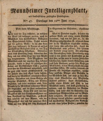 Mannheimer Intelligenzblatt Dienstag 12. Juni 1792