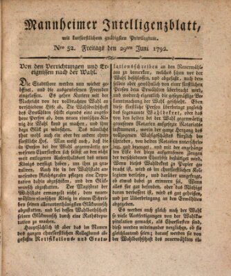 Mannheimer Intelligenzblatt Freitag 29. Juni 1792